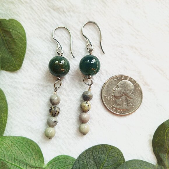 Dark Green Agate Jasper Silver Dangle Earrings Boho Chic Hippie Gifts Summer - Picture 4 of 7